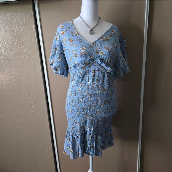 Angie Daisy Floral Blue Dress with Ruffle Sleeves - Picture 1 of 3